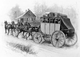 Black and White Sketch of horses pulling a carriage